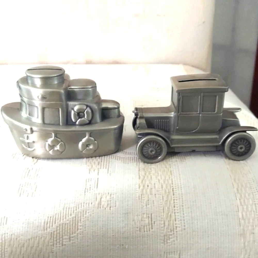 Vintage Ford Model T Coupe Truck & Tug Boat  Silver Plated Coin Piggy Banks